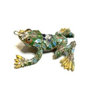 Chinese Cloisonne Enamel Lucky Frog Figurine Ornament Floral Green Collectible